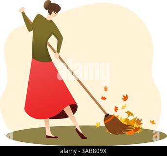 sweeping autumn leaves vector illustration, cleaning the yard from leaves, a lady sweep with a broom Stock Vector