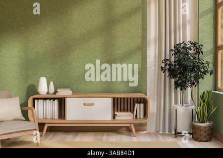The wooden table with decors and an armchair place beside the window with white curtain in the green wall room. Green Interior, 3D Rendering, 3D Illus Stock Photo
