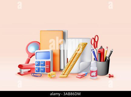 3d set of office stationery elements isolated. Render back to school essential supplies. Stationery collection for education, business, studying, lear Stock Vector