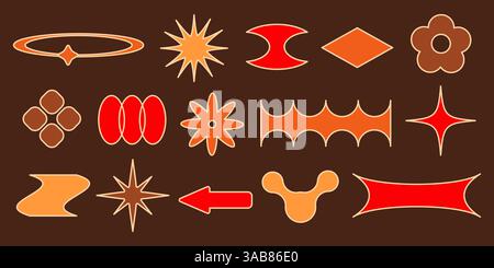 Orange and red retro shape collection. Simple geometric forms - stars and circles, ovals and rhombus, flower, metaball and wave border frame elements. Flat outlined y2k graphic design vector set. Stock Vector