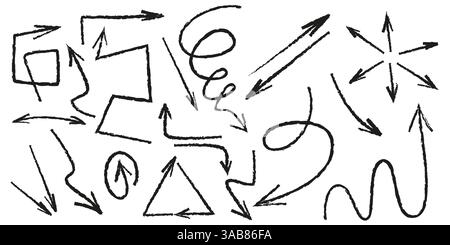 Handdrawn arrows set isolated on white background. Vector illustration of black lines showing direction, square, triangle, round, spiral curves, doodle art design elements, graffiti or pencil texture Stock Vector