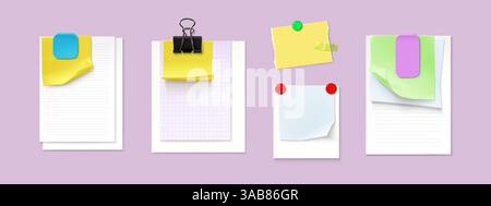 Colored paper notes collection pinned with binder clips and magnets - sheets with curled corner, square memo stickers. Office supplies stationery mockup - reminders, to-do lists, message templates. Stock Vector