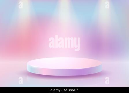 Round pastel podium under soft multicolored light gradient creating the effect of a glowing spotlight. Minimalistic design suitable for product demons Stock Vector