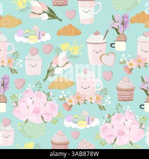Seamless Pattern of various floral trendy tea cups or mugs, sweets and flowers Stock Vector