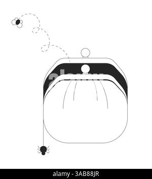 Empty coin purse with dangling spider and bug flying away 2D line object Stock Vector