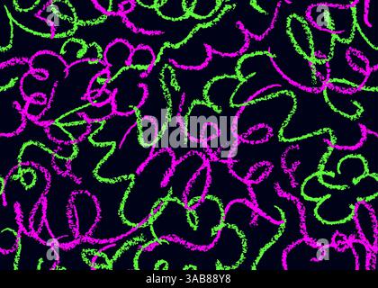 Seamless pattern with doodle chalk lines. Modern acid pink green stroke squiggles drawn by wax pencil on white blackboard. Vector funny colorful Stock Vector