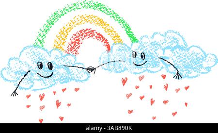 Cute clouds with rainbow, couple in love holding hands, hearts raining down. Pastel crayon vector illustration of smiling weather characters. Funky Stock Vector