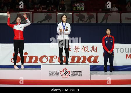 March 17, 2018 - Montreal, Canada - Ladies 500m final (L-R) Silver: NATALIA MALISZEWSKA of Poland, Gold: CHOI MIN JEONG of Korea, and Bronze: QU CHUNYU of China during the ISU World Short Track Speed Skating Championships, held at the Maurice Richard Arena. (Credit Image: © Patrice Lapointe via ZUMA Wire) Stock Photo