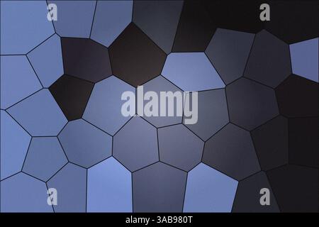 This digital artwork presents a creative mosaic made of irregular pentagon and hexagon shapes, featuring a gradient from light blue to dark gray. Stock Photo