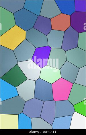 A digitally crafted illustration featuring a mosaic of variously sized, multicolored geometric shapes reminiscent of stained glass or tiling. Stock Photo