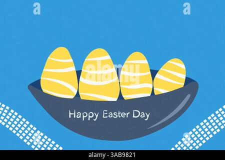 Festive illustration of yellow striped Easter eggs in a dark blue bowl with Happy Easter Day text on a bright blue background, perfect for holiday-the Stock Photo