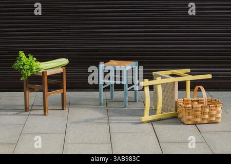 A collection of wooden stools in various colors and a wicker basket are arranged on a pavement with dark background, evoking rustic charm and urban co Stock Photo