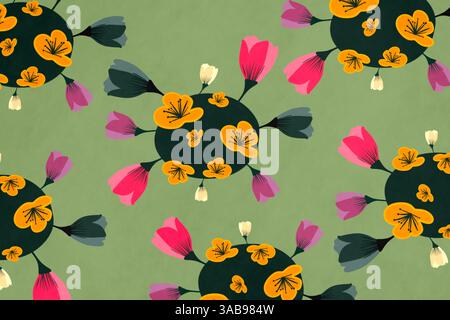 A seamless pattern illustration featuring elegant flower designs in a color palette of green, pink, yellow, and black. Stock Photo