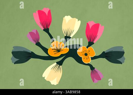 Stunning illustration featuring multicolored flowers aligned symmetrically on a soothing green backdrop, ideal for wallpaper or decor. Stock Photo