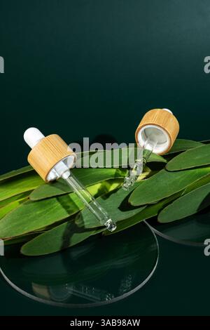 Transparent micellar water for facial care, presented in a stylish pipette bottle, rests atop vibrant green leaves against a dark green background sho Stock Photo