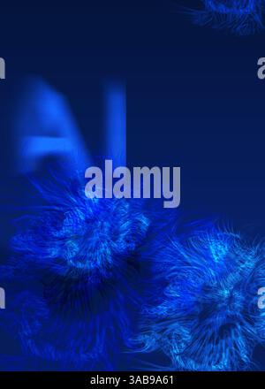A vividly dynamic digital background in blue, featuring abstract visualizations of themes and artificial intelligence motif. Stock Photo