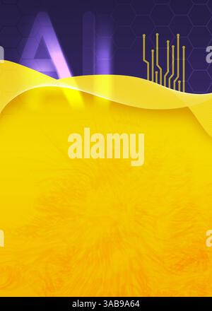 A vibrant digital artwork showcasing a yellow and purple color palette with artificial intelligence symbols, including circuit patterns and the letter Stock Photo