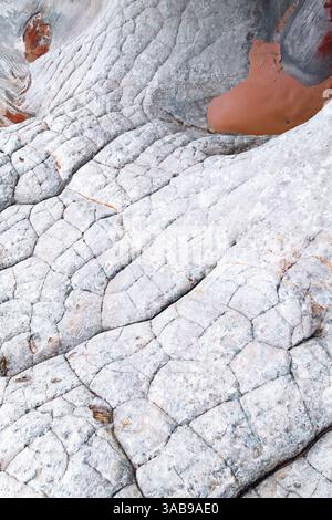A vivid close-up of abstract white rocks featuring intricate textures and geometric patterns accented by a hint of rusty red. Stock Photo