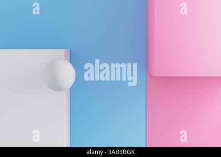 Background of an abstract composition features a spherical shape and geometric elements in blue and pink tones, showcasing simplicity and modern desig Stock Photo