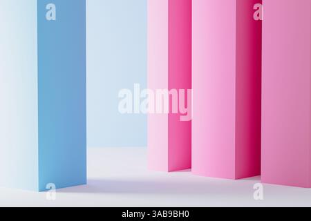 Background of a soft blue and pink shapes stand tall against a light backdrop, forming an inviting and minimalistic abstract environment with depth. Stock Photo