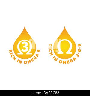 Rich in omega 3 6 9 vector label. Omega 3 source colorful icon with drop. Stock Vector