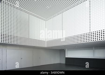 A modern auditorium interior featuring minimalist design and perforated walls with geometric patterns. The clean lines and monochromatic tones enhance Stock Photo