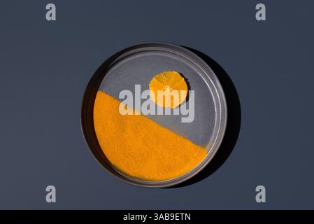 A minimalist arrangement featuring an orange slice and orange powder artfully placed on a dark plate, set against a dark background. Perfect for creat Stock Photo