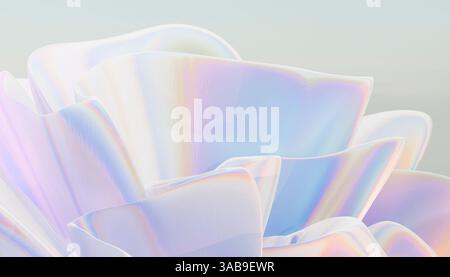 An 3d abstract depiction of pale, iridescent petal layers, creating a dreamy and ethereal aesthetic. Soft hues of blue and pink blend gracefully in th Stock Photo