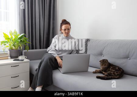 A woman in casual attire works on her laptop while sitting on a gray sofa next to a relaxed tabby cat. A plant and a cup of coffee are nearby, adding Stock Photo