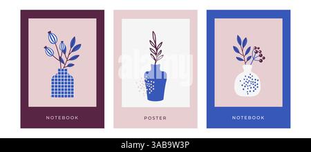 Abstract bohemian art aesthetic design. Arrangements of pottery and ceramic pots, vases with dry leaves, plants, flowers. covers for notebook Stock Vector