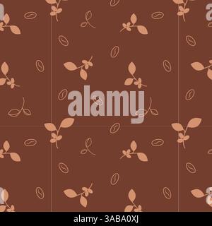 Pattern with coffee beans and branches with coffee fruits on brown background. Vector illustration Stock Vector