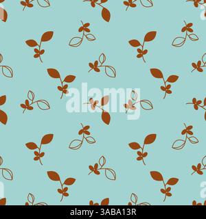 Bright blue pattern with brown coffee beans and branches with coffee fruits. Vector illustration Stock Vector