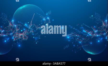 Digital network & data flow in cyberspace theme background. Futuristic digital network with interconnected nodes, glowing data points, and dynamic lin Stock Vector