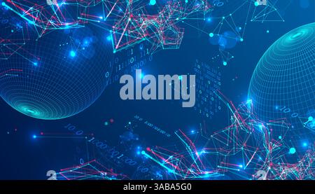 Digital network & data flow in cyberspace theme background. Futuristic digital network with interconnected nodes, glowing data points, and dynamic lin Stock Vector