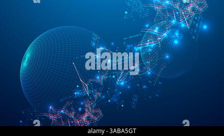 Digital network & data flow in cyberspace theme background. Futuristic digital network with interconnected nodes, glowing data points, and dynamic lin Stock Vector