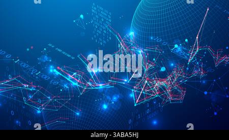 Digital network & data flow in cyberspace theme background. Futuristic digital network with interconnected nodes, glowing data points, and dynamic lin Stock Vector