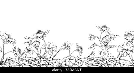 Early spring flowers in dry leaves, white forest cloudberry anemone primrose ephemera, hand drawn vector ink. Seamless banner illustration isolated on Stock Vector