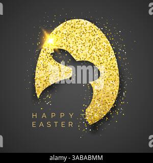 Easter black background with realistic golden egg, confetti, bunny silhouette and text. Vector shiny illustration greeting card, poster, flyer, banner Stock Vector