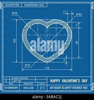 Heart sign as technical blueprint drawing. Valentines day technical concept. Mechanical engineering drawings. Valentines day vector banner, cover, pos Stock Vector