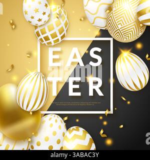 Easter black and gold background with realistic golden decorated eggs, frame, text and ribbons. Vector shiny illustration greeting card, poster, flyer Stock Vector