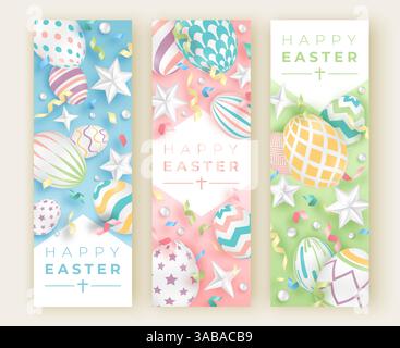 Three Easter vertical banners with realistic decorated eggs, ribbons, stars and balls. Illustration in soft colors. Easter vector card illustration on Stock Vector
