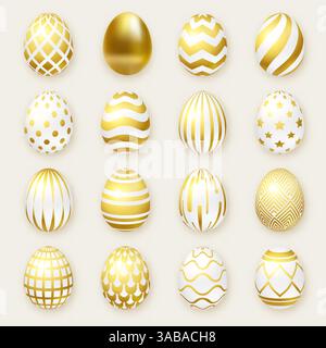 Set of ornate golden realistic eggs on light background. Easter vector collection Stock Vector