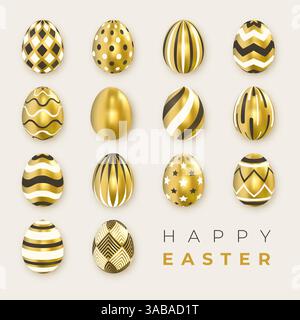 Set of ornate golden realistic black and white eggs on light background. Easter vector collection Stock Vector