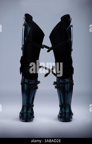 Shiny Steel Medieval Leg Armor. Full leg protection with straps and ...