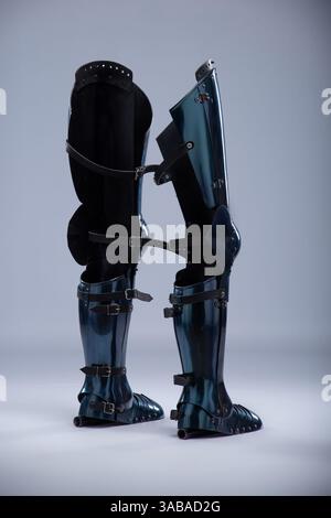 Shiny Steel Medieval Leg Armor. Full leg protection with straps and ...