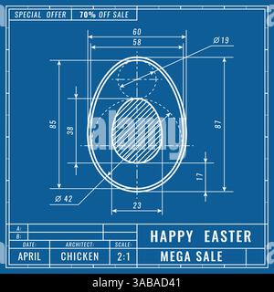 Blueprints concept of easter egg. Mechanical engineering drawings. Technical Design. Easter vector banner, cover, poster, flyer or greeting card Stock Vector