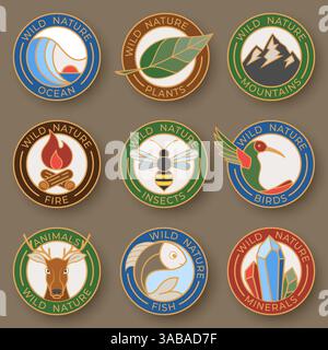 Set of nine vector stylish line insignias. Logo collection color line style consisting of wild nature. Linear design elements with animal, birds and l Stock Vector