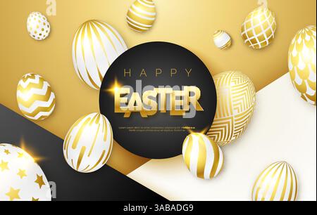 Easter black, white and gold background with realistic golden decorated eggs, frame and text. Vector shiny illustration greeting card, poster, flyer, Stock Vector