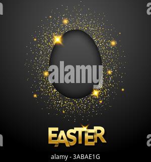 Easter black background with confetti, egg silhouette and text. Vector shiny illustration greeting card, poster, flyer, banner Stock Vector