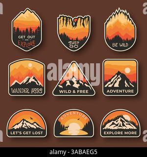 Set of nine vector mountain travel emblems. Camping outdoor adventure emblems, badges and logo patches. Mountain tourism, hiking. Nature labels in vin Stock Vector